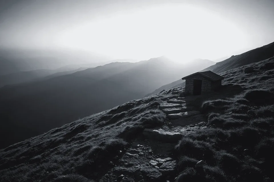 A small stone hut on a steep grassy hillside, a stepped path leading to its door and hazy ridges behind.