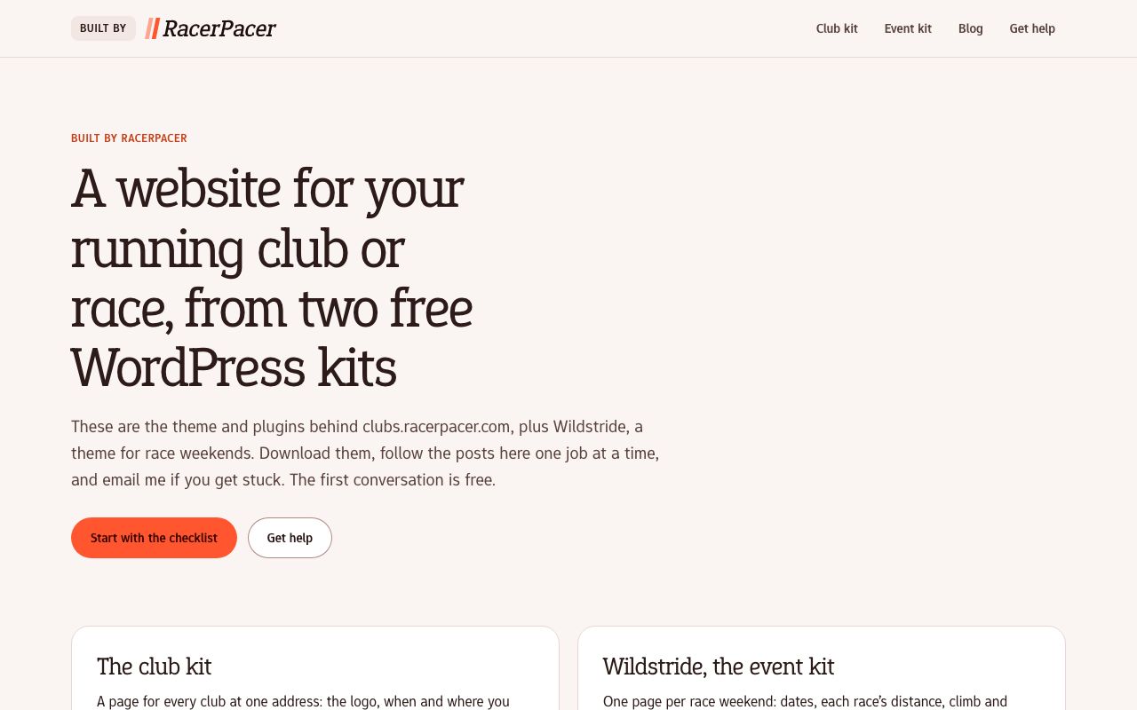 The builtby.racerpacer.com home page: A website for your running club or race, from two free WordPress kits.