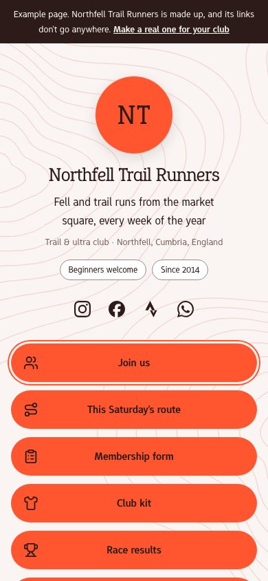 Example club page for Northfell Trail Runners with Join us, route, membership and kit buttons.