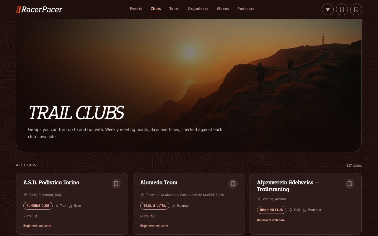 The Trail clubs page with club cards showing type, terrain and a beginners welcome tag.