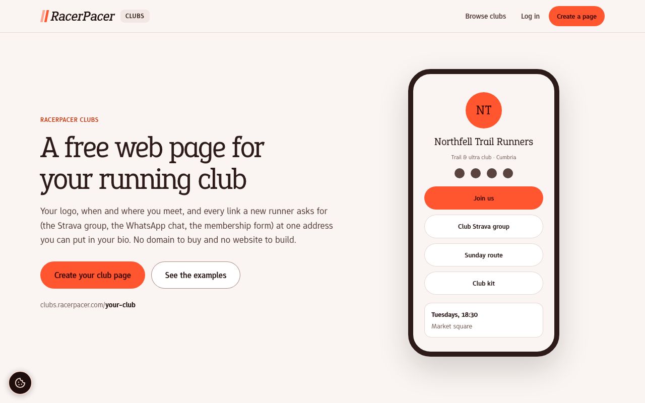 The clubs.racerpacer.com home page: A free web page for your running club, beside a phone showing a club page.