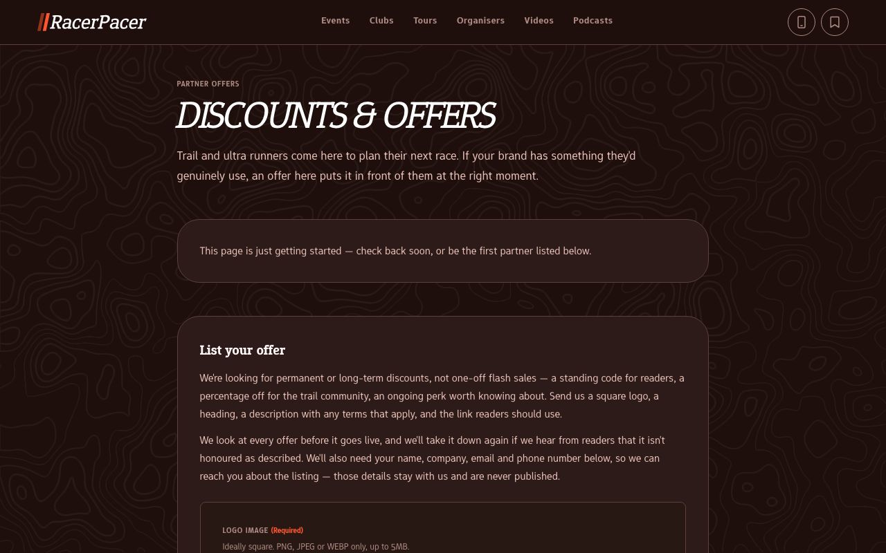 The Discounts and offers page with the form for brands to list an offer.