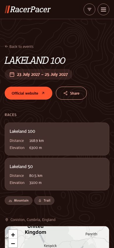The Lakeland 100 page on a phone, with dates, an official website button and both race distances.
