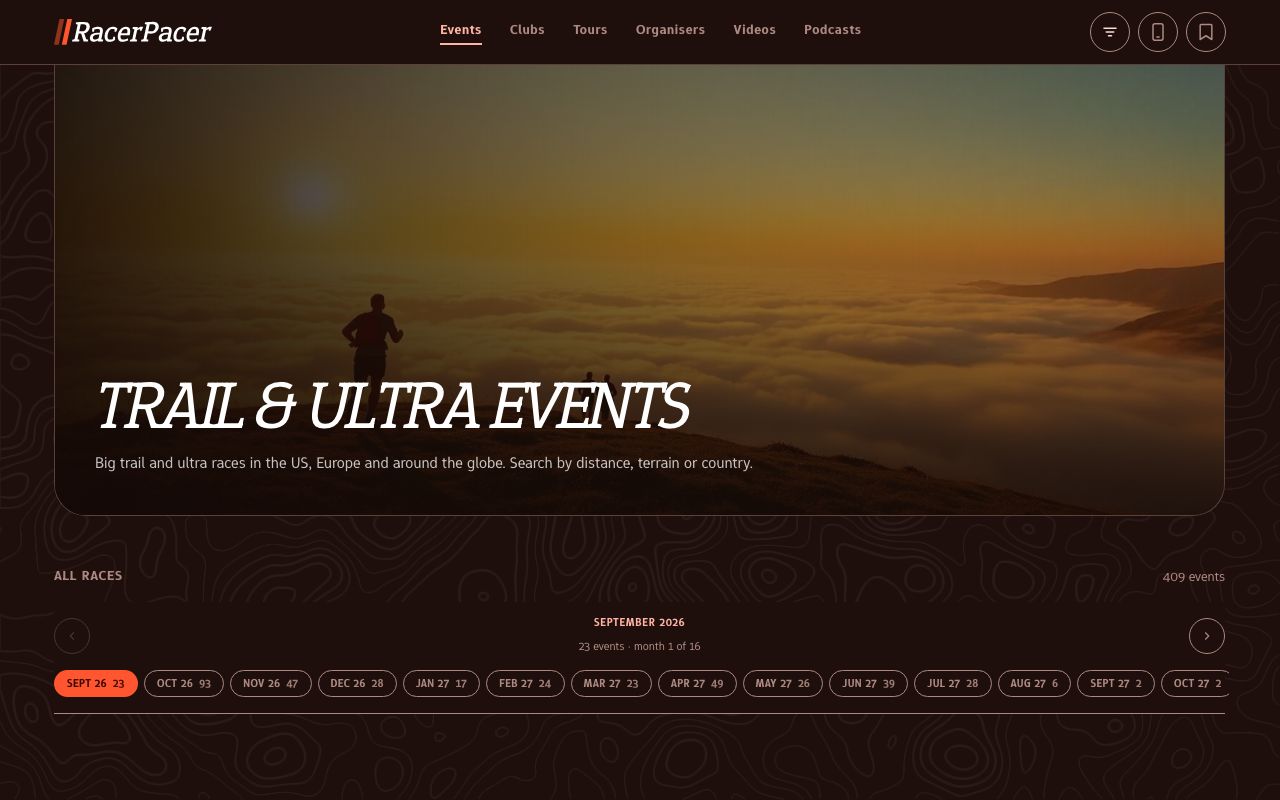The racerpacer.com events page: a golden-hour mountain photo headed Trail and ultra events, with a month-by-month race list below.