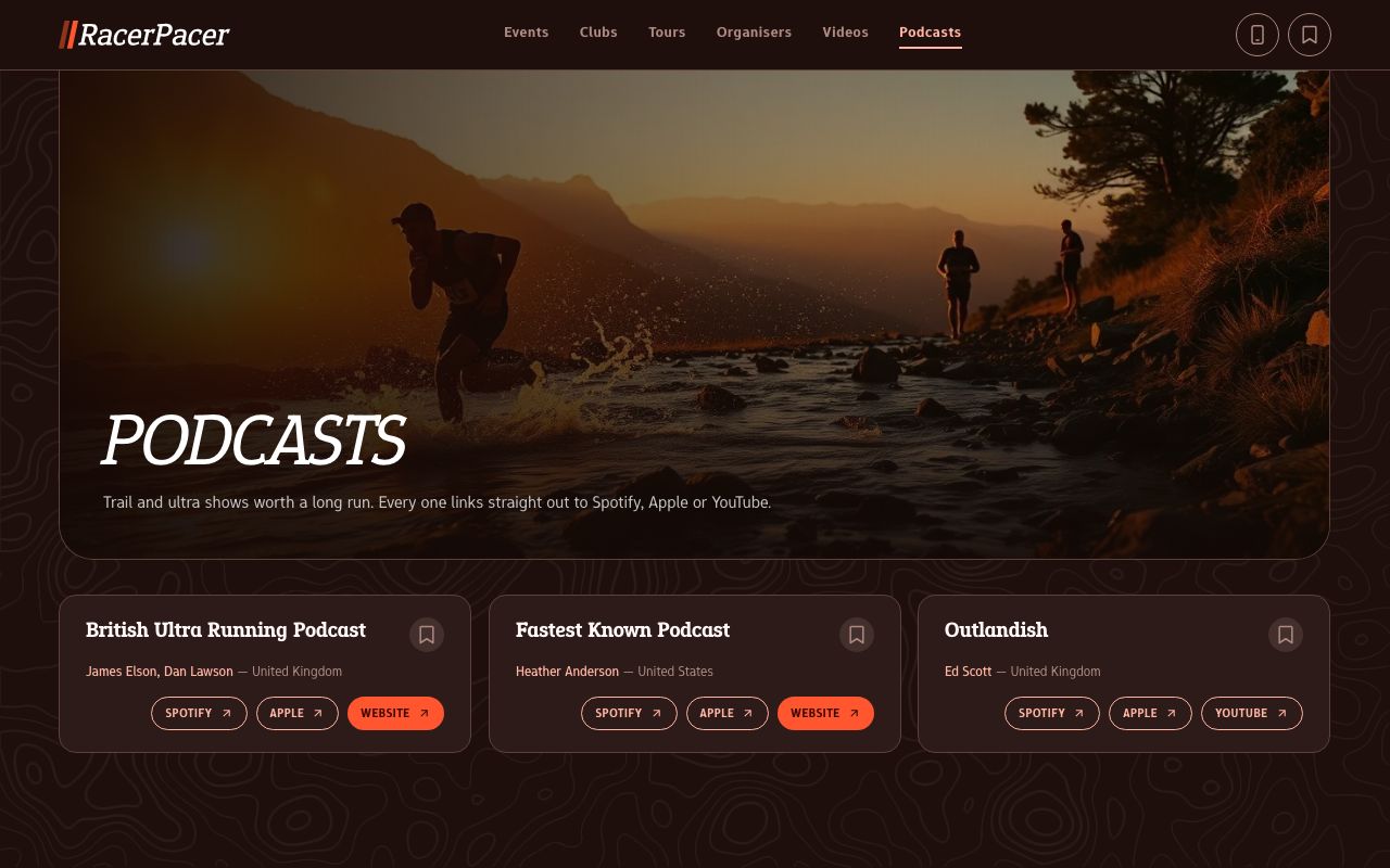 The Podcasts page, with cards for British Ultra Running Podcast, Fastest Known Podcast and Outlandish.