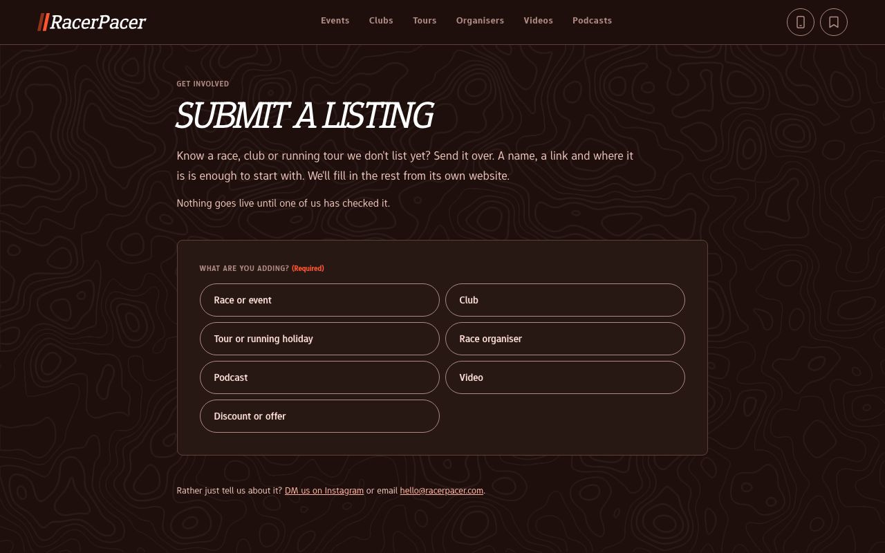 The Submit a listing page with buttons for race, club, tour, organiser, podcast, video and discount.