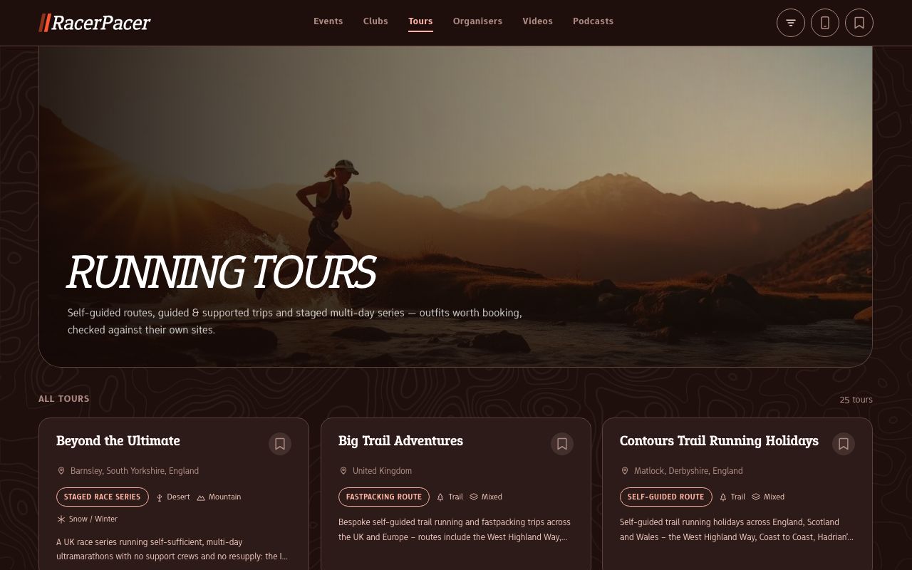 The Running tours page listing tour outfits such as Beyond the Ultimate and Big Trail Adventures.