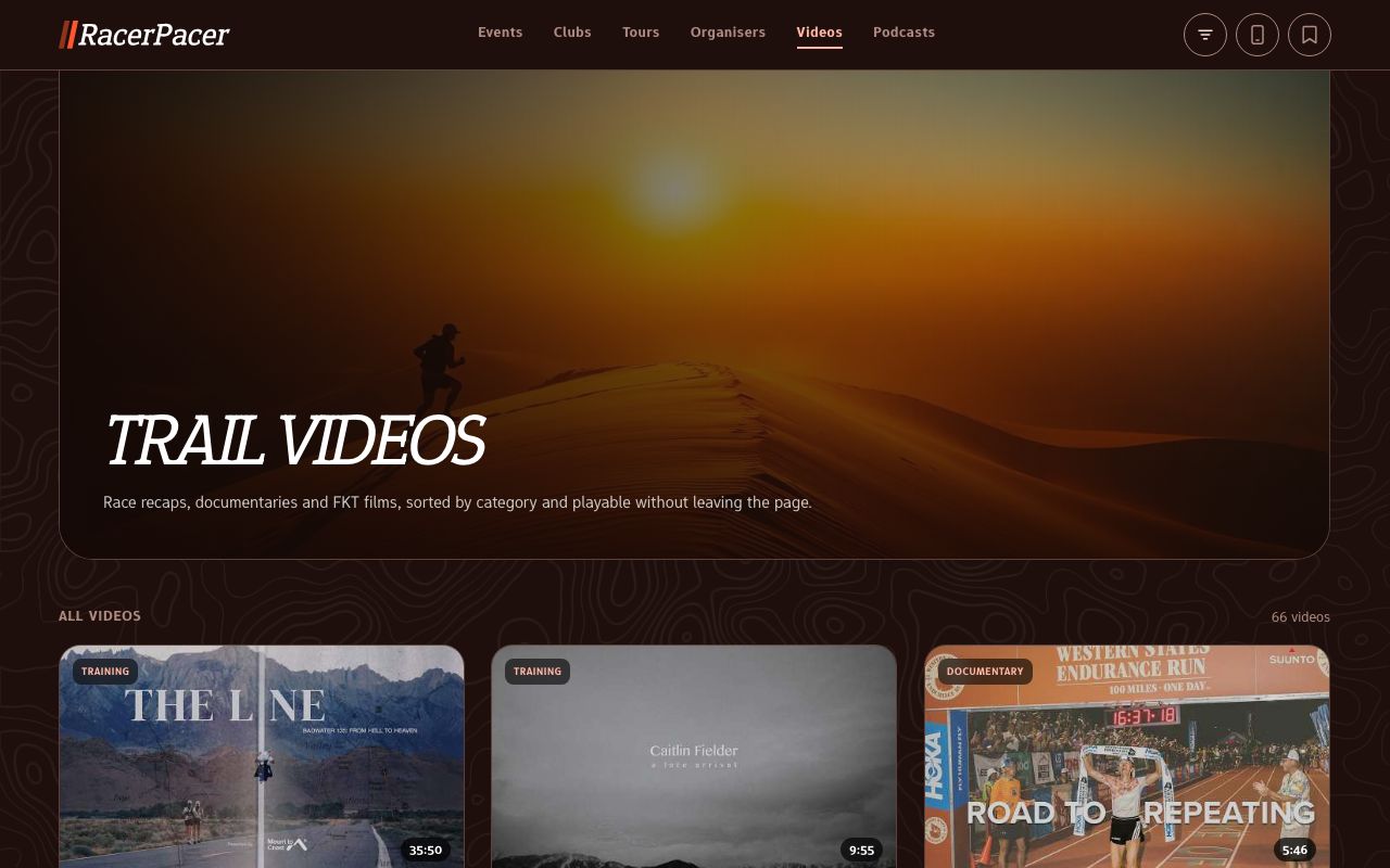 The Trail videos page with film thumbnails and running times.