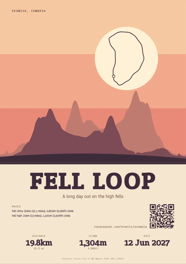 Vintage style promo poster with layered hills under a sunset sky.