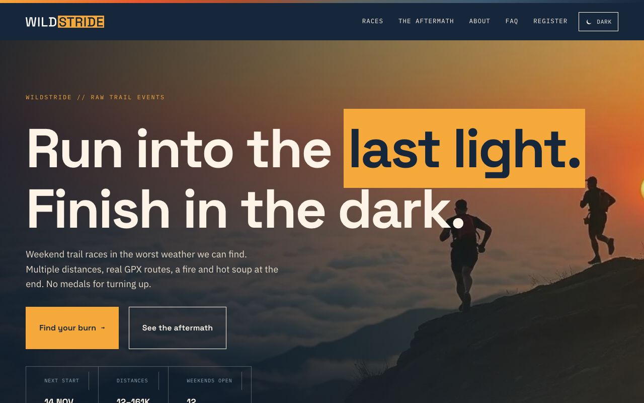 The Wildstride demo site: Run into the last light. Finish in the dark.